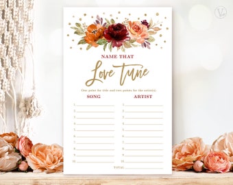 Name that Love Tune, Printable Bridal Shower Game Cards, Fall, Autumn, Sienna, Rust, Burgundy, Burnt Orange, Floral, VWC76