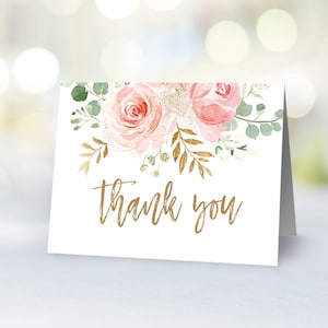 Printable Thank You Card, Blush Pink Floral Thank You Card Template, Bridal Shower, VWC95