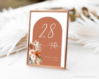 Arch Wedding Table Numbers Signs, Printable Wedding Table Numbers Template, Editable, 4x6, 5x7, Pampas, Boho, Arch, Terracotta, Rust, VWC72