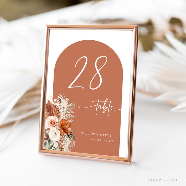Arch Wedding Table Numbers Signs, Printable Wedding Table Numbers Template, Editable, 4x6, 5x7, Pampas, Boho, Arch, Terracotta, Rust, VWC72