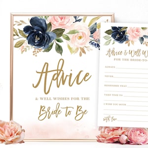 Advice & Well Wishes for the Bride to Be Sign and Cards, Bridal Shower Game, Advice and Wishes for Bride, Navy, Pink, Blush, Floral, VWC78
