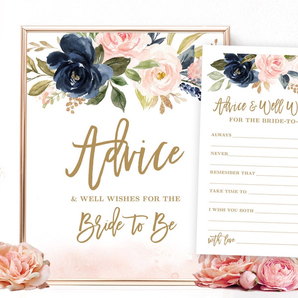 Advice & Well Wishes for the Bride to Be Sign and Cards, Bridal Shower Game, Advice and Wishes for Bride, Navy, Pink, Blush, Floral, VWC78