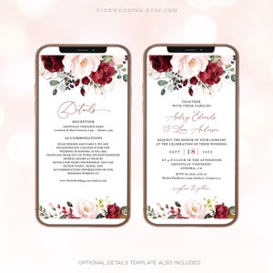 Digital Wedding Invitation, Electronic Wedding Invitation Template, Editable, Burgundy Pink Floral, Marsala, Plum, Wine, Classic, VWT14