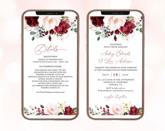 Digital Wedding Invitation, Electronic Wedding Invitation Template, Editable, Burgundy Pink Floral, Marsala, Plum, Wine, Classic, VWT14