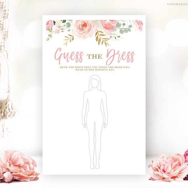 Guess the Dress Bridal Shower Game, Printable Bridal Party Games, Guess the Wedding Dress, Blush Pink Floral, VWC95