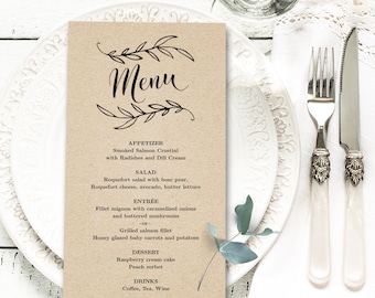 Rustic Wedding Menu, Printable Wedding Menu Template, Editable, Two Sizes, Kraft, Vintage Wedding, VW01