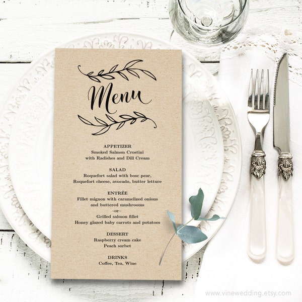 Rustic Wedding Menu, Printable Wedding Menu Template, Editable, Two Sizes, Kraft, Vintage Wedding, VW01