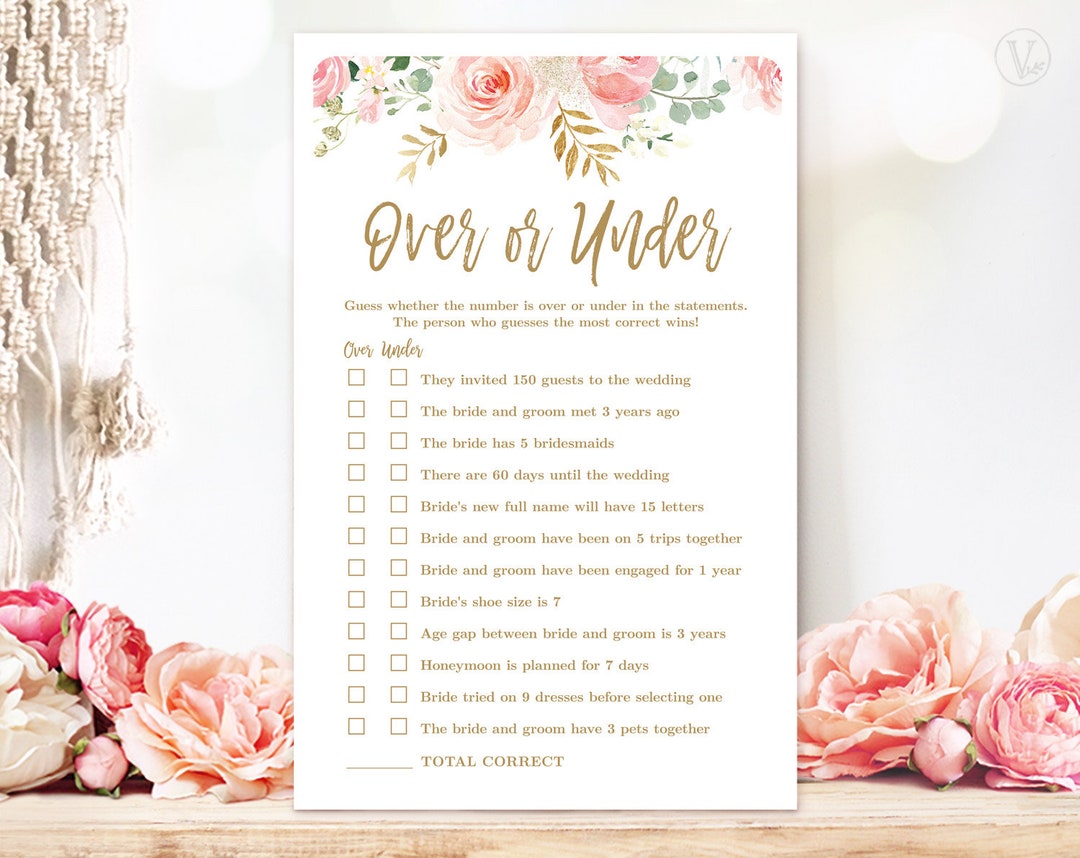 Over or Under Bridal Shower Game, Printable Bridal Party Games ...