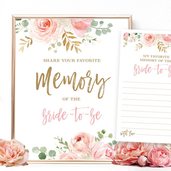 Favorite Memory of the Bride-to-Be Sign and Notecards, Printable Bridal Shower Activity Sign and Note Card,  Floral, Blush Pink, Gold, VWC95