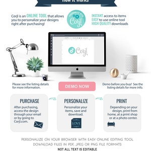 May include: A graphic showing how to use Corjl, an online tool to personalize designs. The graphic shows a computer screen with the Corjl logo and the text "Personalize with Corjl". The graphic also includes text explaining the steps involved in purchasing, personalizing, and printing designs.