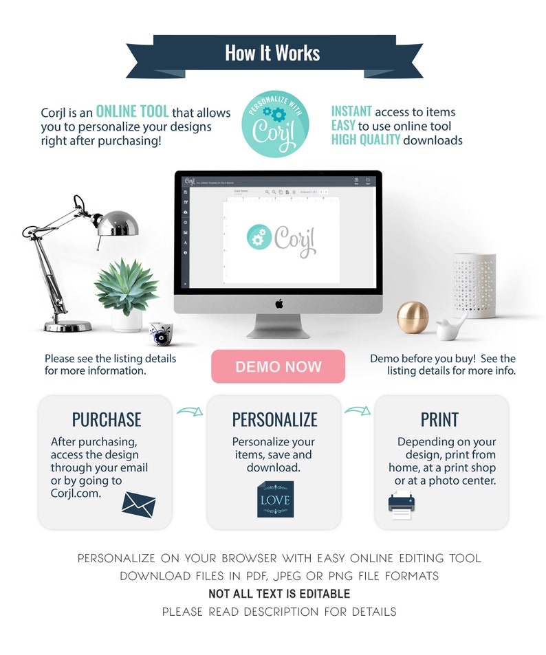 May include: A graphic showing how to use Corjl, an online tool to personalize designs. The graphic shows a computer screen with the Corjl logo and the text "Personalize with Corjl". The graphic also includes text explaining the steps involved in purchasing, personalizing, and printing designs.