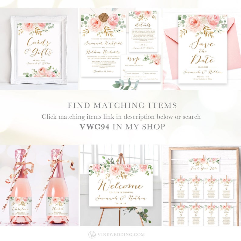 May include: Wedding stationery suite with blush pink and gold floral designs. The set includes a save the date card, invitation, RSVP card, details card, welcome sign, and table number cards. The text on the cards reads "Save the Date", "Savannah & Nathan", "Welcome to our Wedding", and "Find Your Table".