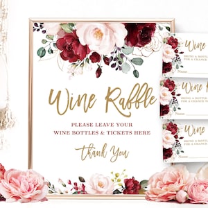 Wine Raffle Sign and Tickets, Printable Game Sign and Cards, Bridal Shower Game, Floral, Burgundy, Pink, Gold, VWC83