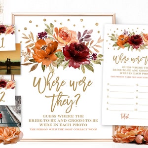 Where Were They? Bridal Shower Game, Printable Bridal Shower Game, Photo Numbers 1-10, Fall, Burgundy, Burnt Orange, Floral, VWC74, VWC76
