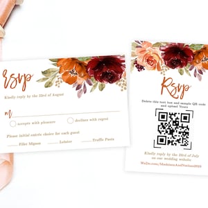 Autumn Floral RSVP Card, Printable RSVP Card, Wedding, Editable, Fall, Autumn, Sienna, Burnt Orange, Floral, Gold, VWC76, VWC74