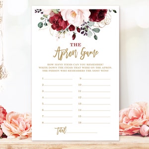 The Apron Game, Bridal Shower Game, The Apron Game Printable, Burgundy Pink Floral, VWC83