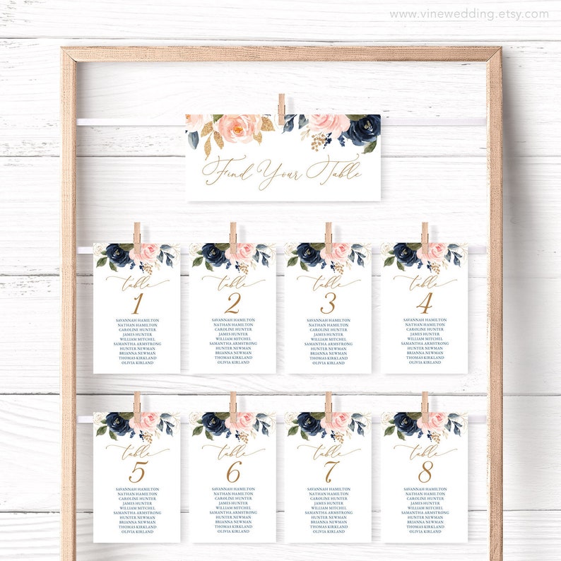 Wedding Seating Chart, Printable Wedding Seating Chart Template, Editable, 4x6, 5x7, Navy Blue and Pink Floral, Blue, Blush, VWT13 image 1