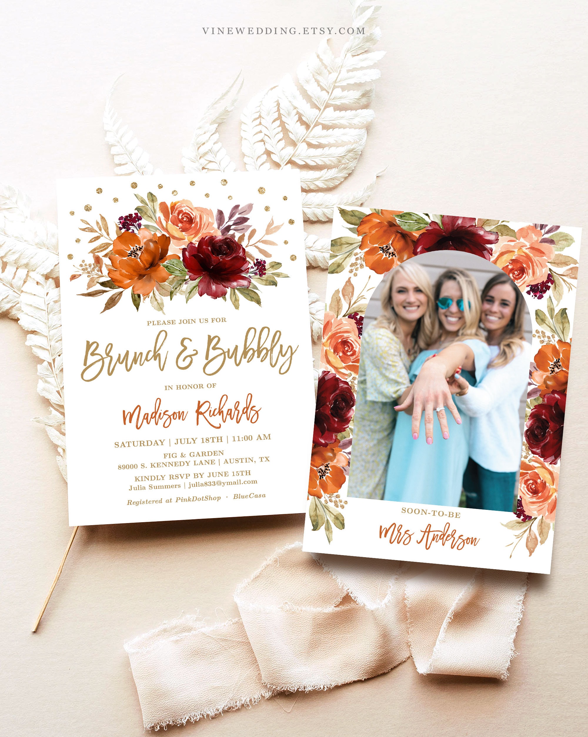 Fall Brunch Bubbly Invitation Template Editable Printable Bridal Brunch Invitation Autumn Sienna Burnt Orange Floral Gold