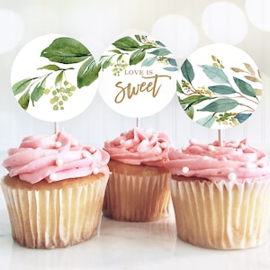 Love is Sweet Cupcake Toppers, Printable Bridal Shower Cupcake Toppers, 2-inch, Boho Greenery, VWC79, VWC77