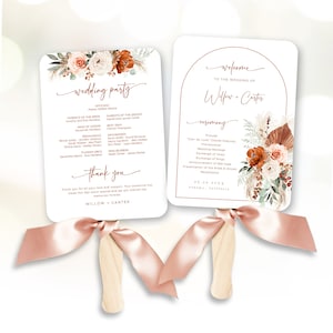 Editable Fan Wedding Program Template, Boho Wedding Program, Printable Fan Wedding Program, Terracotta, Pampas, Rust, Floral, VWC72