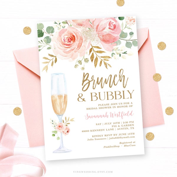 Brunch & Bubbly Invitation Template, Editable, Printable Bridal Shower Invitation Card, Blush Pink Floral, Gold, VWC95