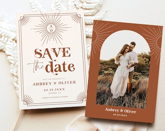 Terracotta Save the Date Card, Editable Boho Save the Date Card Template, Save the Date with Photo, Retro, Mid Century, Arch, VWC68