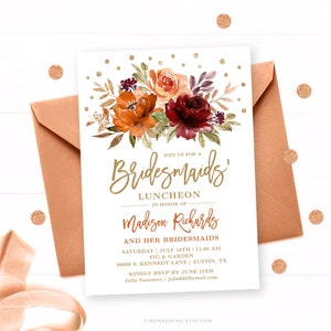 Bridesmaids' Luncheon Invitation Template, Editable, Printable Bridesmaids Lunch Invite, Fall, Autumn, Sienna, Burnt Orange, Floral, VWC76