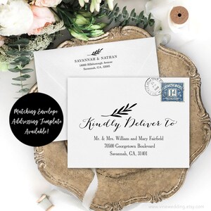 May include: A white envelope with black calligraphy that reads "Kindly Deliver To" and includes the address "Mr. & Mrs. William and Mary Fairfield, 70500 Georgetown Boulevard, Savannah, GA, 31401". The envelope also has a black and white floral design and a vintage postage stamp.