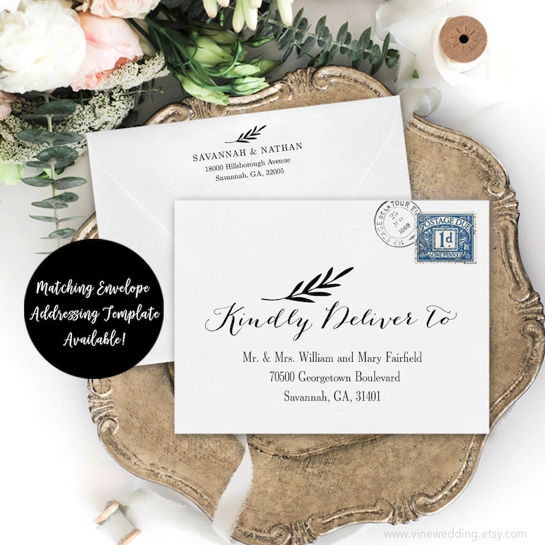 May include: A white envelope with black calligraphy that reads "Kindly Deliver To" and includes the address "Mr. & Mrs. William and Mary Fairfield, 70500 Georgetown Boulevard, Savannah, GA, 31401". The envelope also has a black and white floral design and a vintage postage stamp.