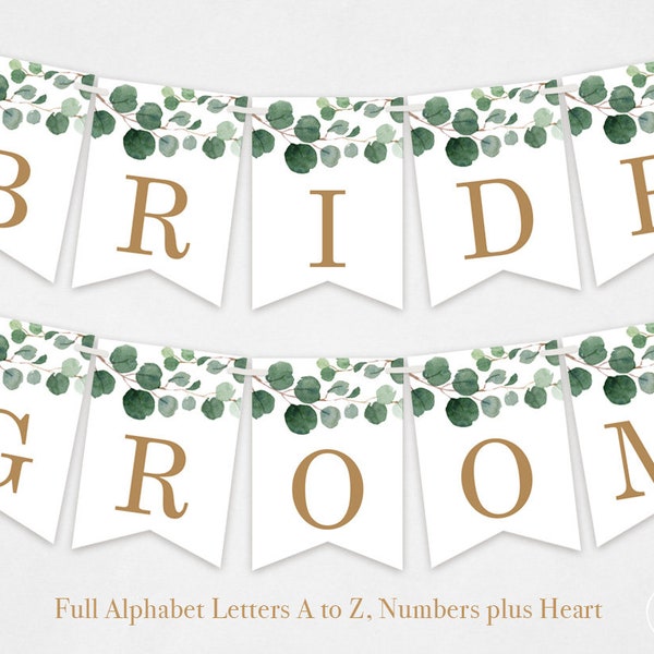Printable Wedding Banners, Full Alphabet, Numbers & Heart, Greenery Wedding Banners and Signs, Modern Greenery, VWT10