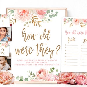 How Old Were They? How Old was the Bride and Groom, Printable Sign, Cards, Numbers 1-8, Floral, Blush Pink, Gold, Bridal Shower, VWC95
