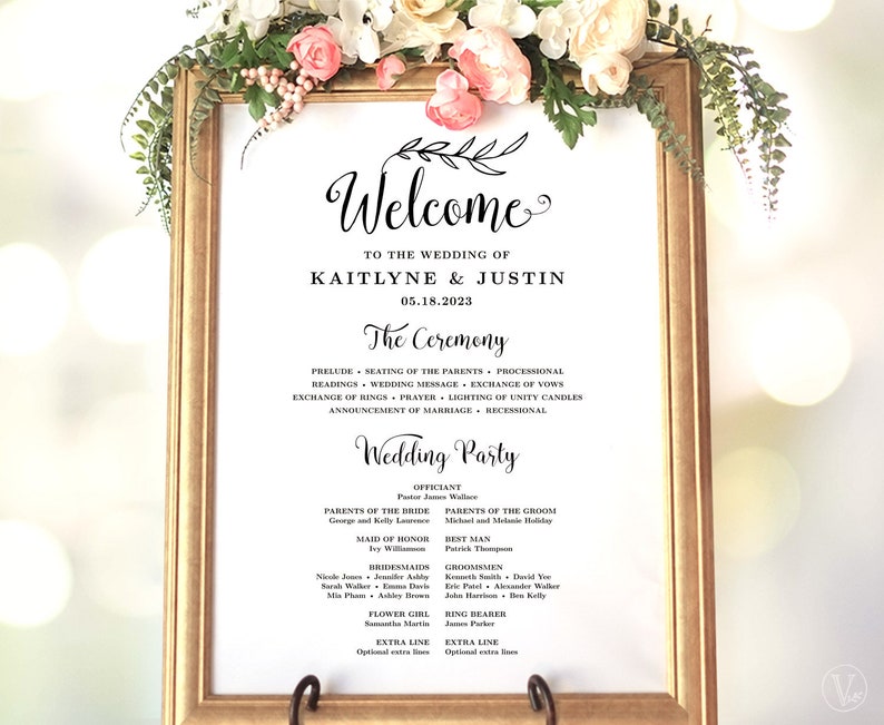 Wedding Program Sign, Wedding Ceremony Sign, Editable, Printable Program Template, Welcome Sign, Vintage Wedding, VW01 image 1