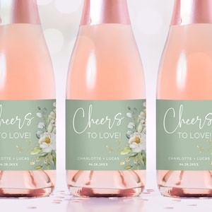 Regular Size Champagne Bottle Label Template, Cheers to Love, Editable Wedding Champagne Bottle Label, Sage Green, White Floral, VWC66