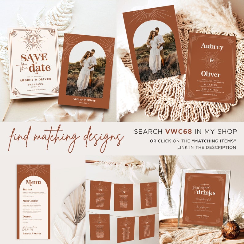 Peut inclure: Ensemble de papeterie de mariage dans les tons marron et cr&egrave;me. Comprend une carte de sauvegarde, une invitation, un menu, un plan de table et un panneau de boissons signature. Le texte "find matching designs" est affich&eacute;.