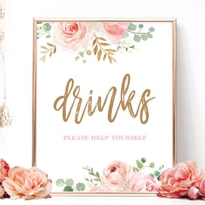 Blush Pink Floral Drinks Sign, Printable Drinks Sign, Bridal Shower Sign, Floral, Gold, VWC95