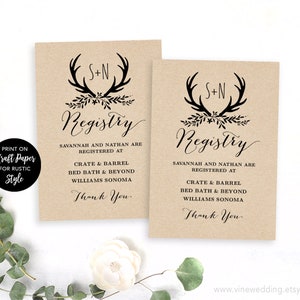Editable Wedding Registry Card, Printable Registry Card Template, Rustic Antler, Kraft, DIY, VW19