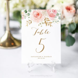 Wedding Table Numbers, Printable Wedding Table Numbers, Editable, 5x7 and 4x6 sizes, Blush Pink Floral, Gold, VWC94