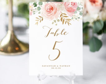 Wedding Table Numbers, Printable Wedding Table Numbers, Editable, 5x7 and 4x6 sizes, Blush Pink Floral, Gold, VWC94