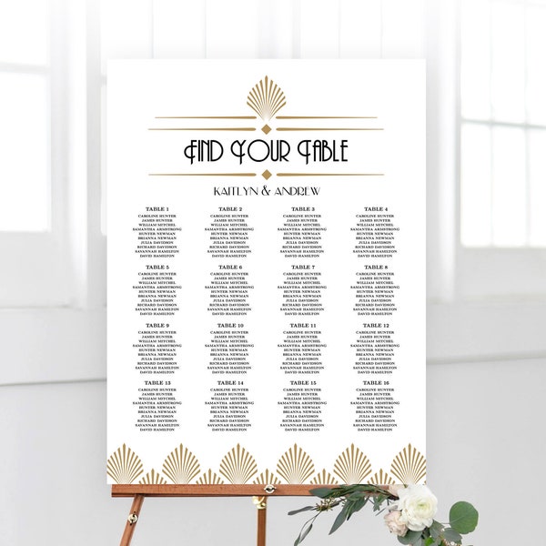 Art Deco Wedding Seating Chart Sign, Editable Wedding Seating Chart Template, Alphabetical, Gatsby, Gold, Black, Shell, Poster, VW46