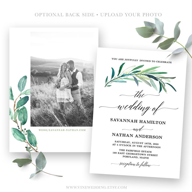 Eucalyptus Wedding Invitation Set, Printable Greenery Wedding Invitation Greenery, Template, Editable, Greenery, VWC84 image 2
