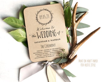 Wedding Fans, Printable Wedding Fan Program Template, DIY Wedding Fan Program, Editable Text, Rustic, Kraft, Wreath, VW06