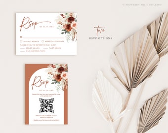 Boho Pampas RSVP Card Template, Editable RSVP Card, Terracotta, Rust, Floral, QR Code, VWC72