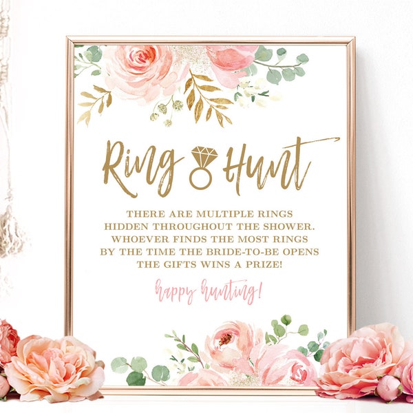 Ring Hunt Game, Bridal Shower Game, Printable Ring Hunt Game Sign, Floral, Blush, Pink, Gold, VWC95