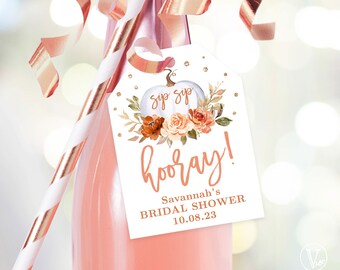 Sip Sip Hooray! Fall Bridal Shower Favor Tag Template, Printable Champagne or Wine Bottle Favor Tag, Editable, Fall, Autumn, Pumpkin, VWC75