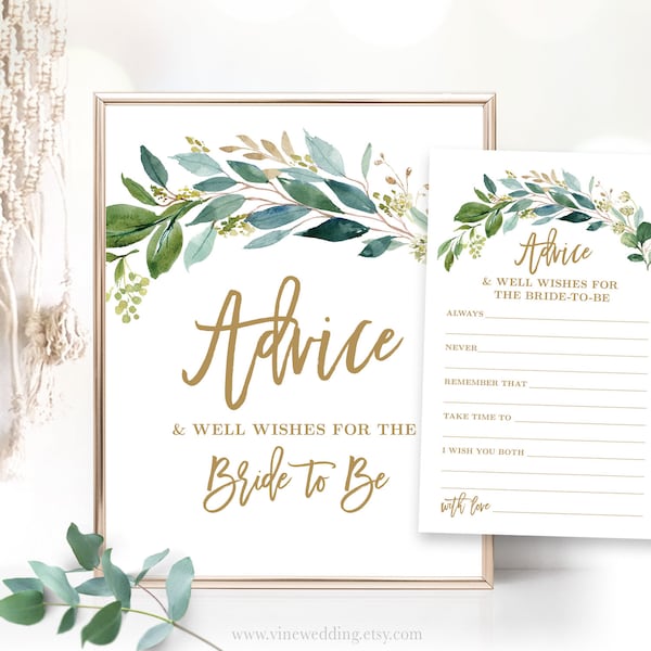 Advice & Well Wishes for the Bride to Be Sign and Cards, Bridal Shower Game, Activity, Wishes for Bride, Rustic, Boho Greenery, VWC79