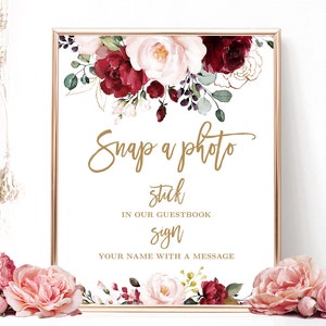 Photo Guest Book Sign, Printable Photo Guestbook Sign, Bridal Shower, Snap a Photo,  Burgundy Pink Floral, VWC83