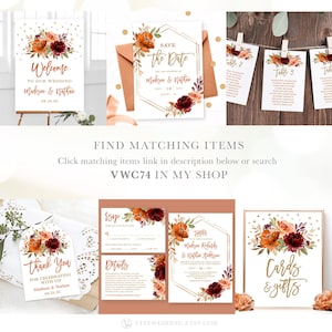 Puede incluir: Un conjunto de papeler&iacute;a de boda imprimible con un tema floral de oto&ntilde;o con acentos burdeos, naranja y dorado. El conjunto incluye un cartel de bienvenida, una tarjeta de guardar la fecha, una tarjeta RSVP, una tarjeta de detalles, una invitaci&oacute;n de boda, una tarjeta de agradecimiento y un cartel de tarjetas y regalos.