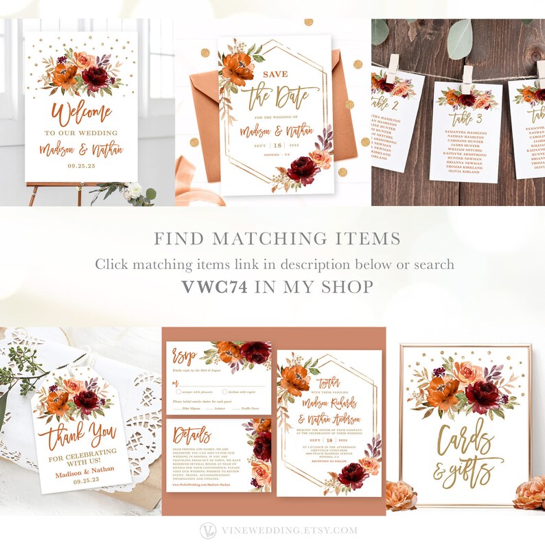 Puede incluir: Un conjunto de papeler&iacute;a de boda imprimible con un tema floral de oto&ntilde;o con acentos burdeos, naranja y dorado. El conjunto incluye un cartel de bienvenida, una tarjeta de guardar la fecha, una tarjeta RSVP, una tarjeta de detalles, una invitaci&oacute;n de boda, una tarjeta de agradecimiento y un cartel de tarjetas y regalos.
