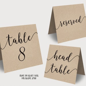 Wedding Table Numbers, Printable Tent Style Table Numbers, Kraft Printable Wedding Table Numbers, INSTANT DOWNLOAD, 5x5 Folded, VWC88