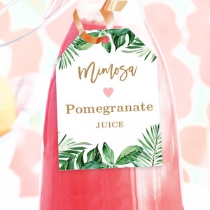 Mimosa Bar Juice Tags, Printable Mimosa Bar Juice Tag Template, Bridal Shower or Wedding, Juice Labels, Tropical Greenery, VWC81
